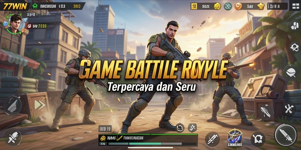 Tangkapan layar 77WIN menampilkan aksi mendebarkan dari permainan Battle Royale.