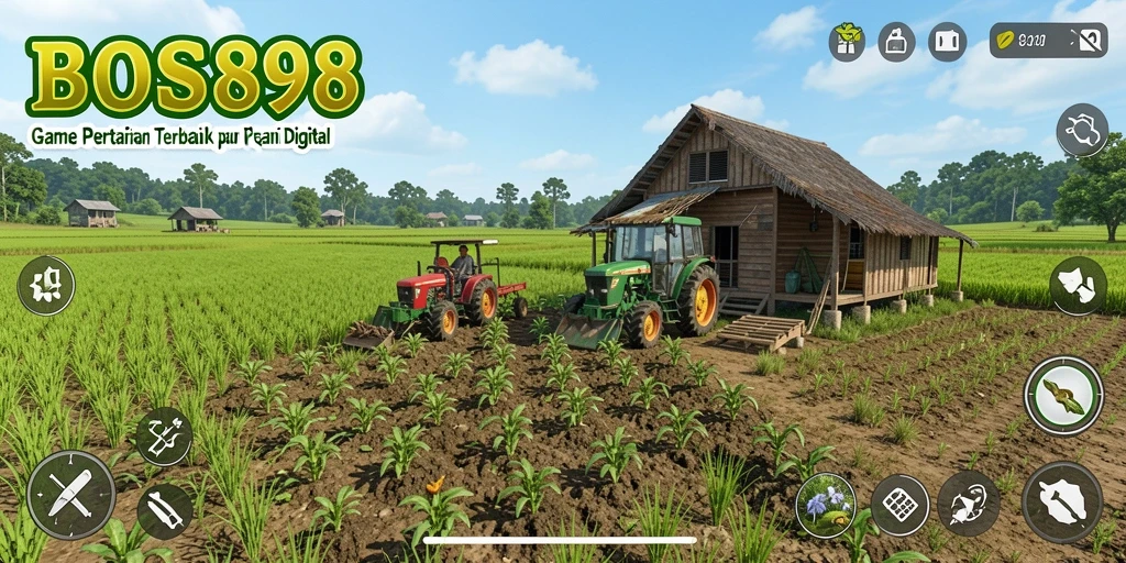 Screenshot utama BOS898 menampilkan petani yang sedang memanen hasil pertanian.