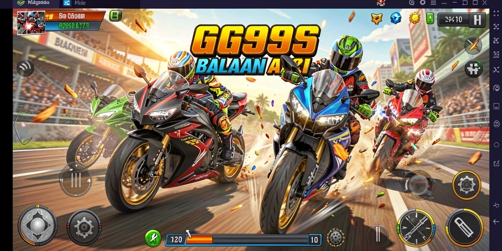 Screenshot dari gameplay GG999 yang menunjukkan aksi balapan motor.