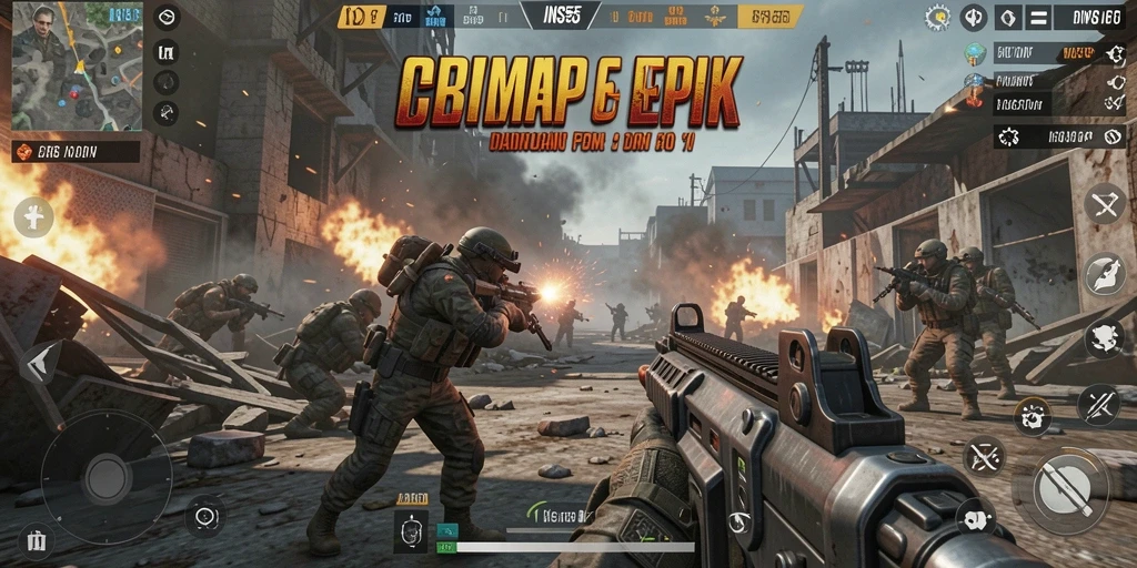 Tampilan utama gameplay INS55 dengan aksi pertempuran FPS yang menegangkan.
